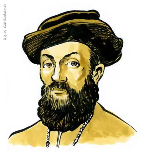 Portrait aquarelle sépia de Magellan — Navigateur — 1480–1521 · Sébastien Rieu