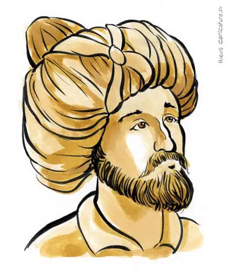 Portrait aquarelle sépia de Mahomet — Prophète de l'Islam — 570–632 · Sébastien Rieu