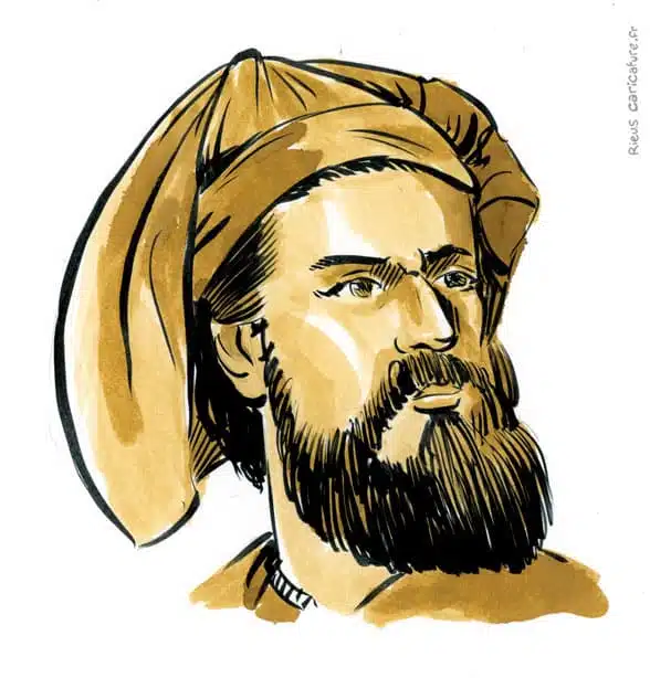 Portrait aquarelle sépia de Marco Polo — Explorateur — 1254–1324 · Sébastien Rieu