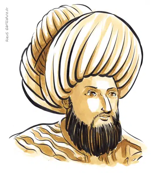 Portrait aquarelle sépia de Mehmet II — Sultan ottoman — 1432–1481 · Sébastien Rieu