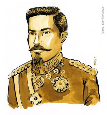 Portrait aquarelle sépia de Meiji — Empereur — 1852–1912 · Sébastien Rieu