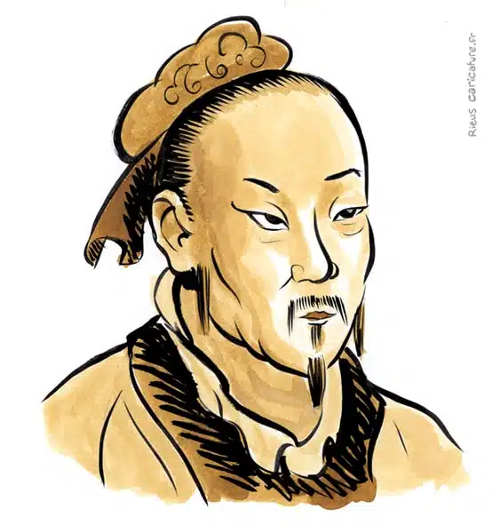 Portrait aquarelle sépia de Mencius — Philosophe — 372–289 av. J.-C. · Sébastien Rieu