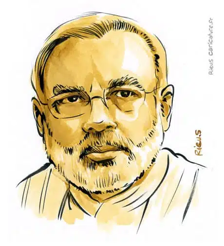 Portrait aquarelle sépia de Narendra Modi — Premier ministre — 1950– · Sébastien Rieu