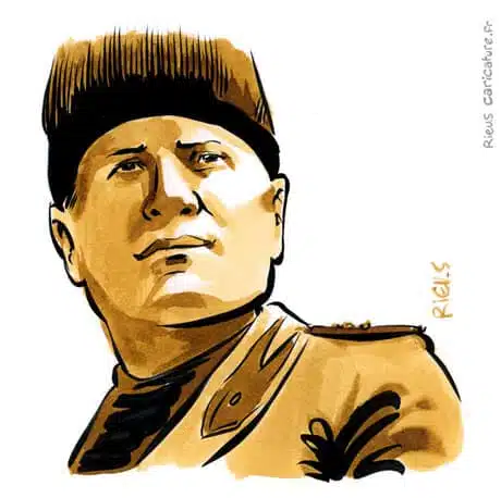 Portrait aquarelle sépia de Benito Mussolini — Dictateur — 1883–1945 · Sébastien Rieu