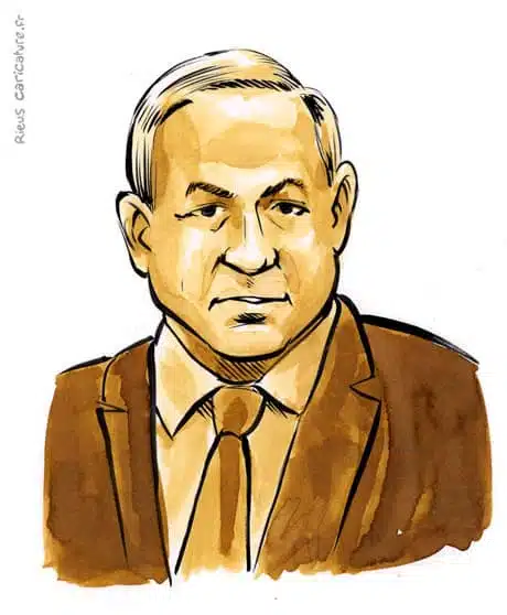 Portrait aquarelle sépia de Benjamin Netanyahou — Premier ministre — 1949– · Sébastien Rieu