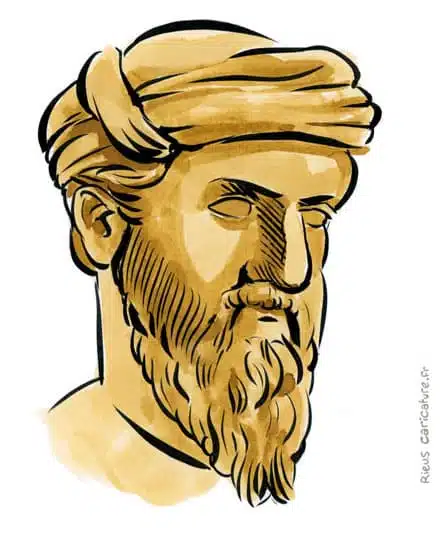 Portrait aquarelle sépia de Pythagore — Mathématicien — ~570–495 av. J.-C. · Sébastien Rieu
