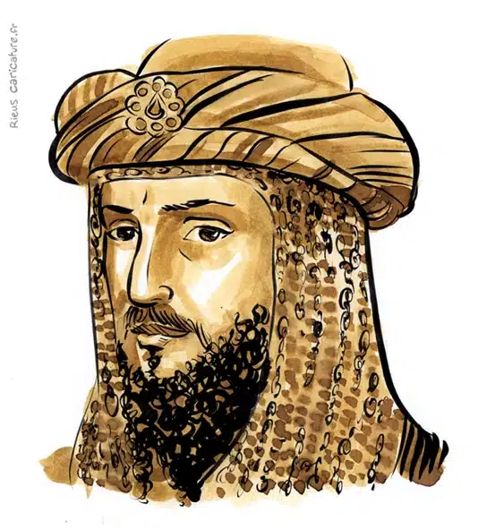 Portrait aquarelle sépia de Saladin — Sultan — 1137–1193 · Sébastien Rieu