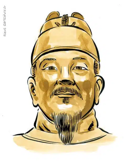 Portrait aquarelle sépia de Sejong le Grand — Roi de Corée — 1397–1450 · Sébastien Rieu