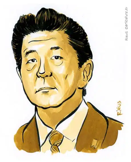 Portrait aquarelle sépia de Shinzo Abe — Premier ministre — 1954–2022 · Sébastien Rieu