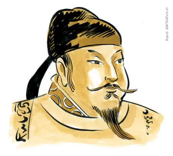 Portrait aquarelle sépia de Taizong — Empereur Tang — 598–649 · Sébastien Rieu